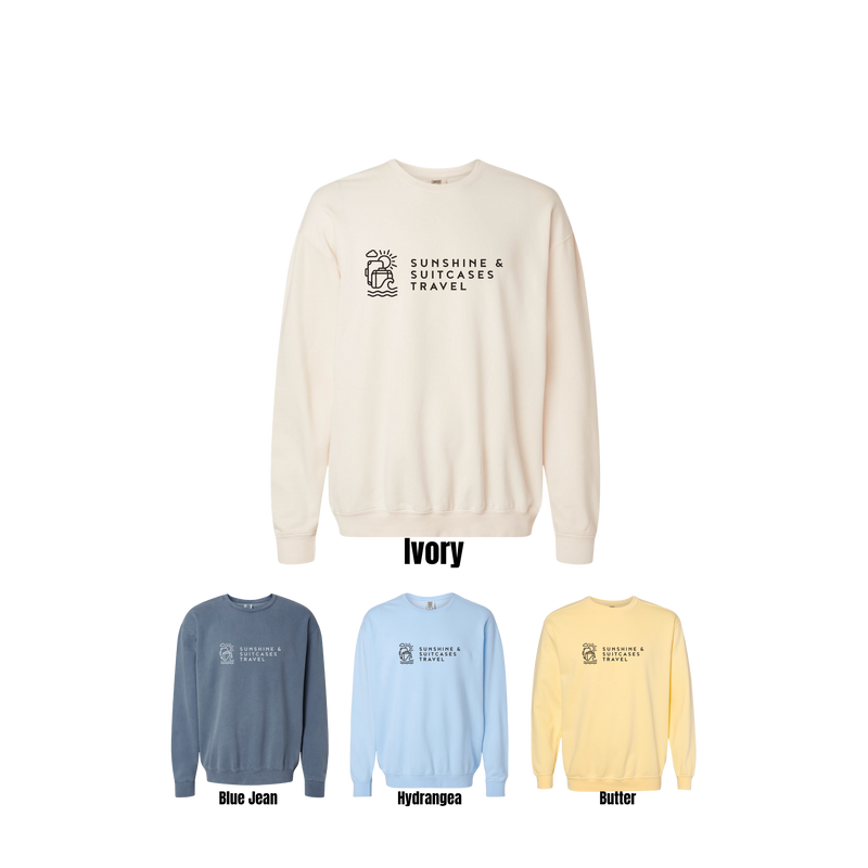Sunshine & Suitcases Travel crewneck sweatshirt with large black standard logo