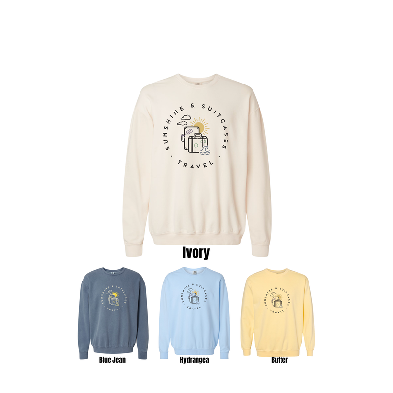 Sunshine & Suitcases Travel crewneck sweatshirt with large classic logo