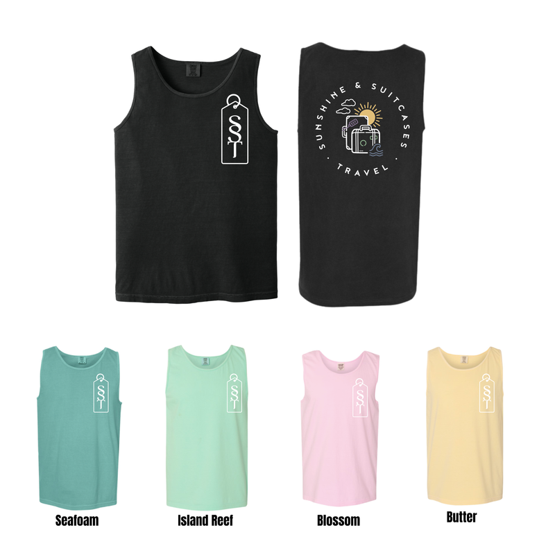 Sunshine & Suitcases Travel tank top with tag logo